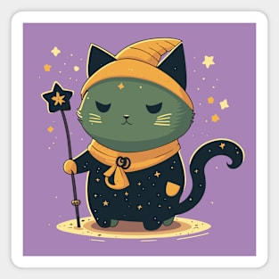 Magical Cat With Sorcerer's Staff Surrounded By Stars Magnet